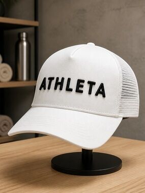 NWT Unisex ATHLETA White Embroidered Truckers Hat Baseball Cap
